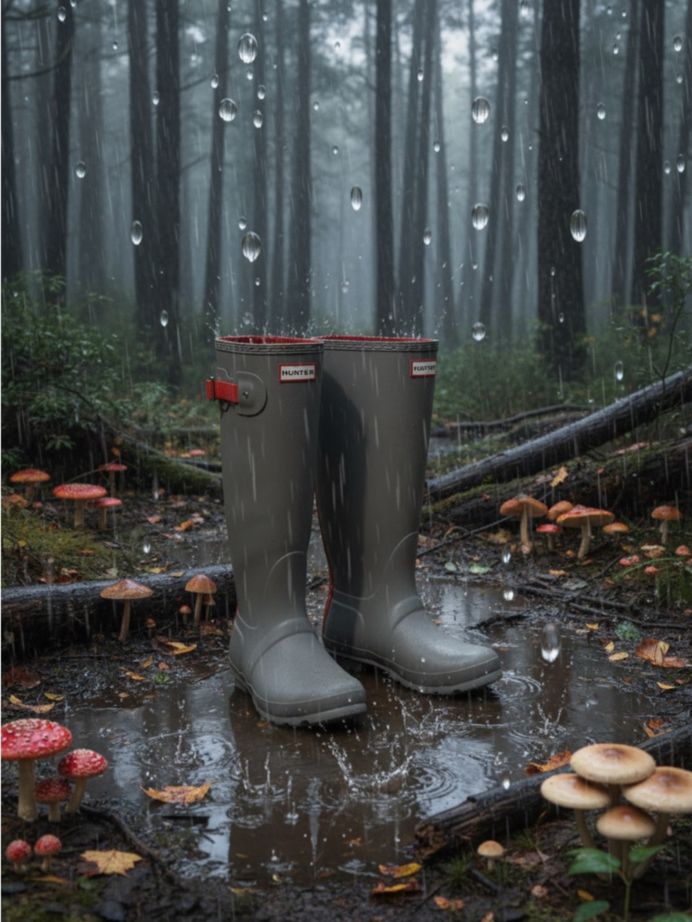 NWOB Hunter Gray Rain Boots with Red Trim